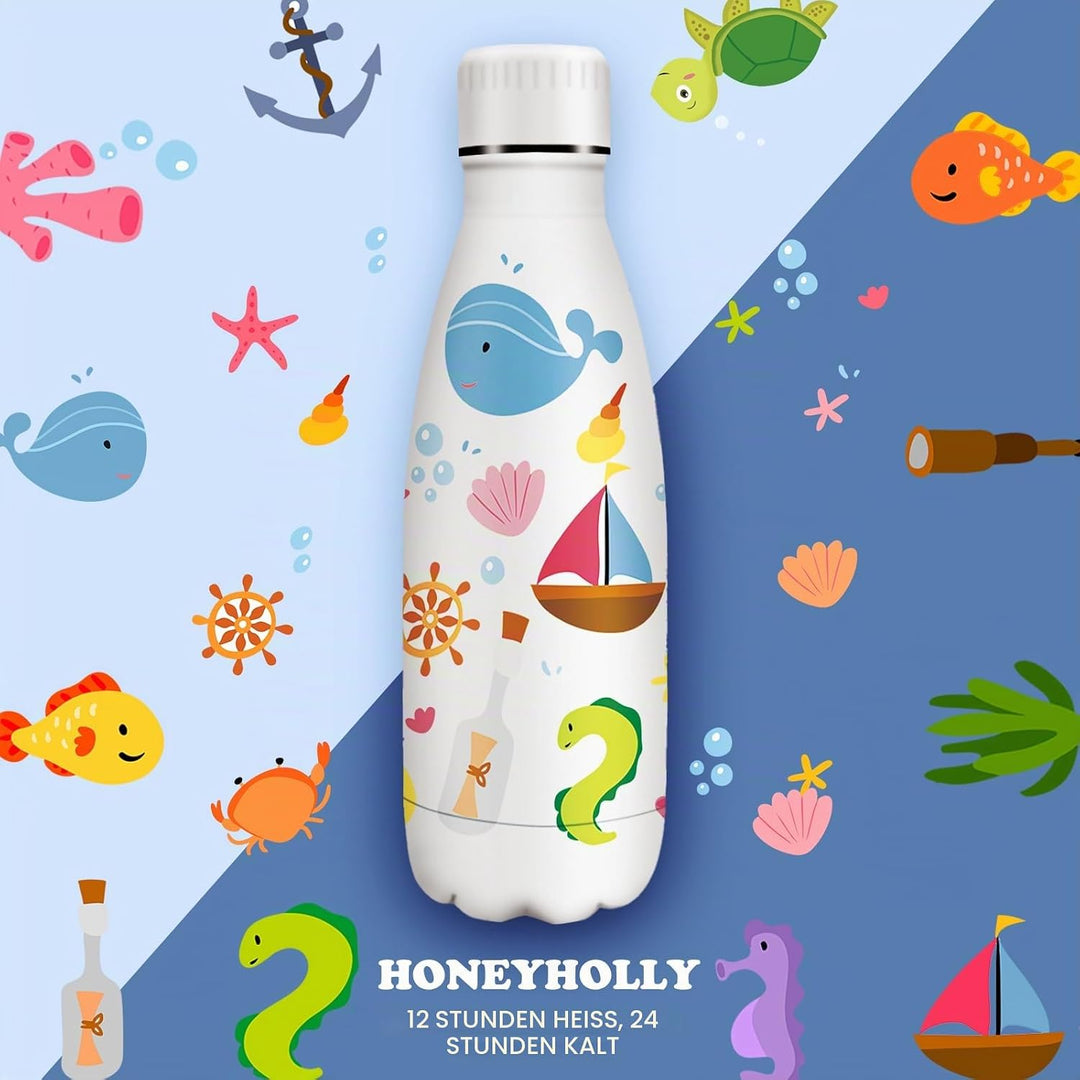 HoneyHolly Trinkflasche Edelstahl, Thermosflasche 350ml, BPA-frei Auslaufsichere Vakuum Isolierte, T