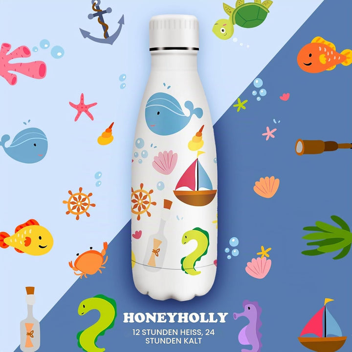 HoneyHolly Trinkflasche Edelstahl, Thermosflasche 350ml, BPA-frei Auslaufsichere Vakuum Isolierte, T