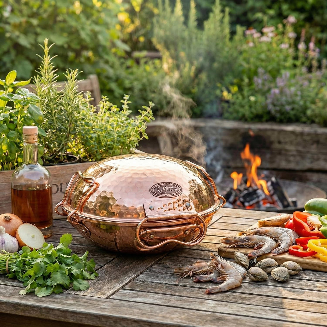 CopperGarden® Cataplana Bräter aus handverzinntem gehämmerten Kupfer mit ca 30 cm Durchmesser I Port