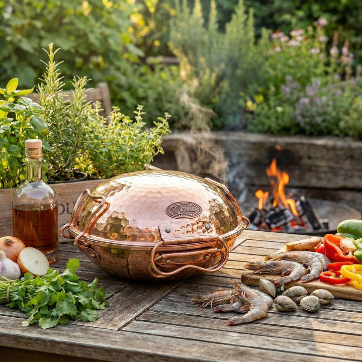 CopperGarden® Cataplana Bräter aus handverzinntem gehämmerten Kupfer mit ca 30 cm Durchmesser I Port