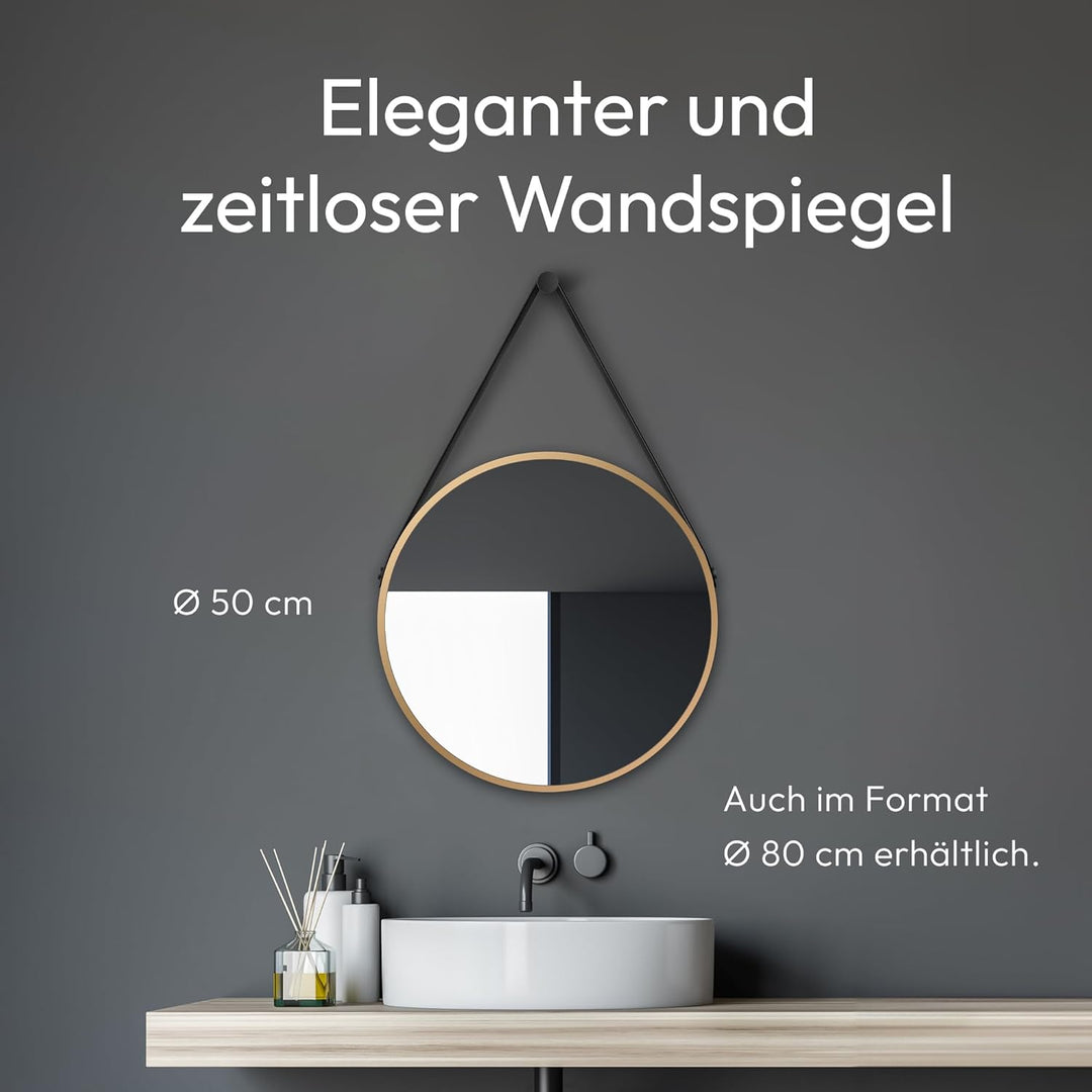 Talos Golden Style Spiegel rund Ø 50 cm – runder Wandspiegel in Gold mit Aufhänge Band in Lederoptik