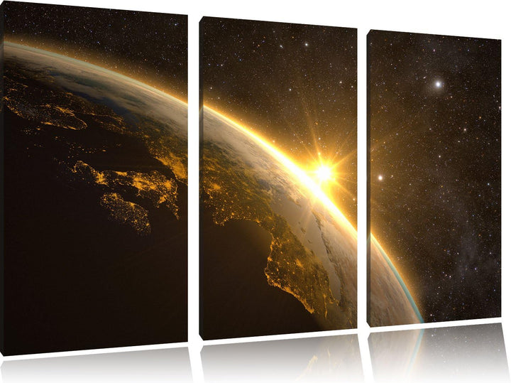 Pixxprint Die Sonne und Erde im Weltall / 3-Teilig/Gesamtmass 120cm Leinwandbild bespannt auf Holzra