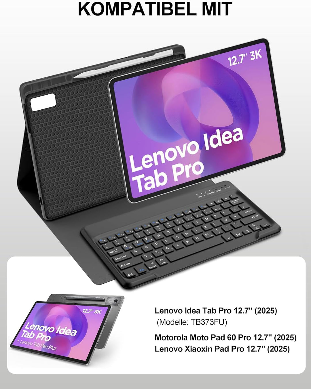JADEMALL Hülle mit Tastatur für Lenovo Idea Tab Pro 12,7" (2025), Abnehmbare QWERTZ Bluetooth Tastat