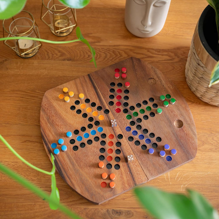 LOGOPLAY Ludo für 6 Spieler - Würfelspiel - Gesellschaftsspiel - Familienspiel aus Holz mit klappbar