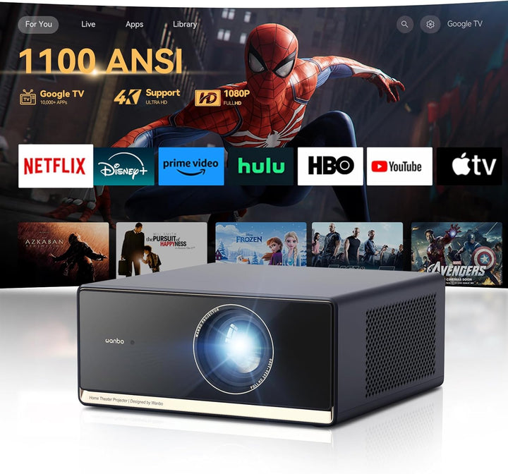 WANBO X5 Pro Smart Beamer 4K Heimkino, Google TV/1100 ANSI/Netflix, HDR10, Autofokus Trapezkorrektur