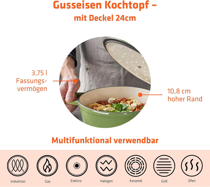 Berndes Bräter B.iron 3,75L mit Deckel - 24 cm - Gusseisen mit Emaillebeschichtung - Kochtopf zum Sc