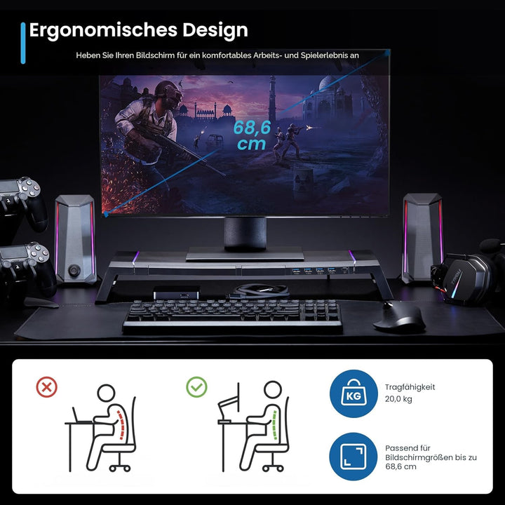 Ewent Monitorständer, RGB Monitor Riser, Klappbar, Smartphone- und Tablet-Halterung mit Ablagefach u