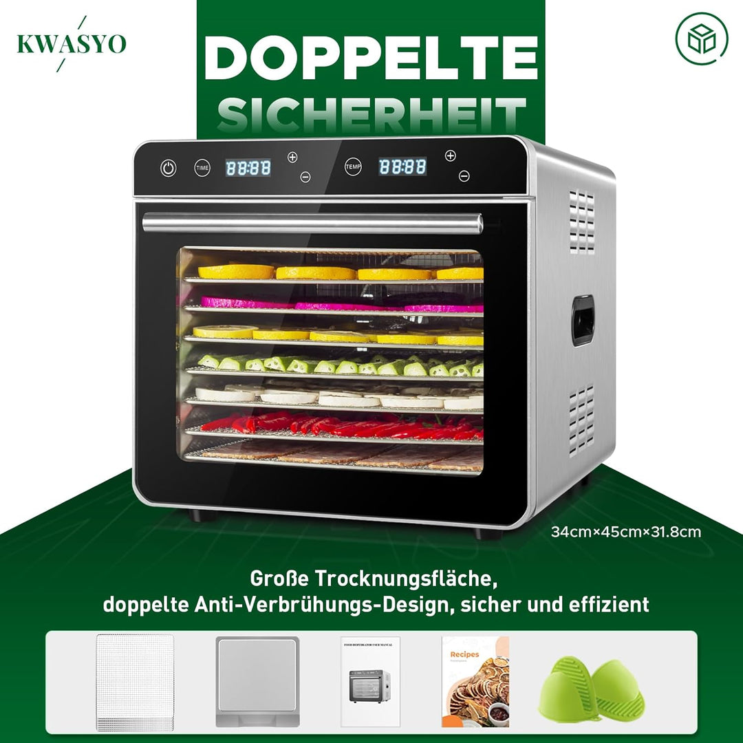 Kwasyo Dörrautomat Edelstahl DA 800, 8 Edelstahl-Dörrtabletts, LED-Display, 24 Std. Zeitschaltuhr,Te
