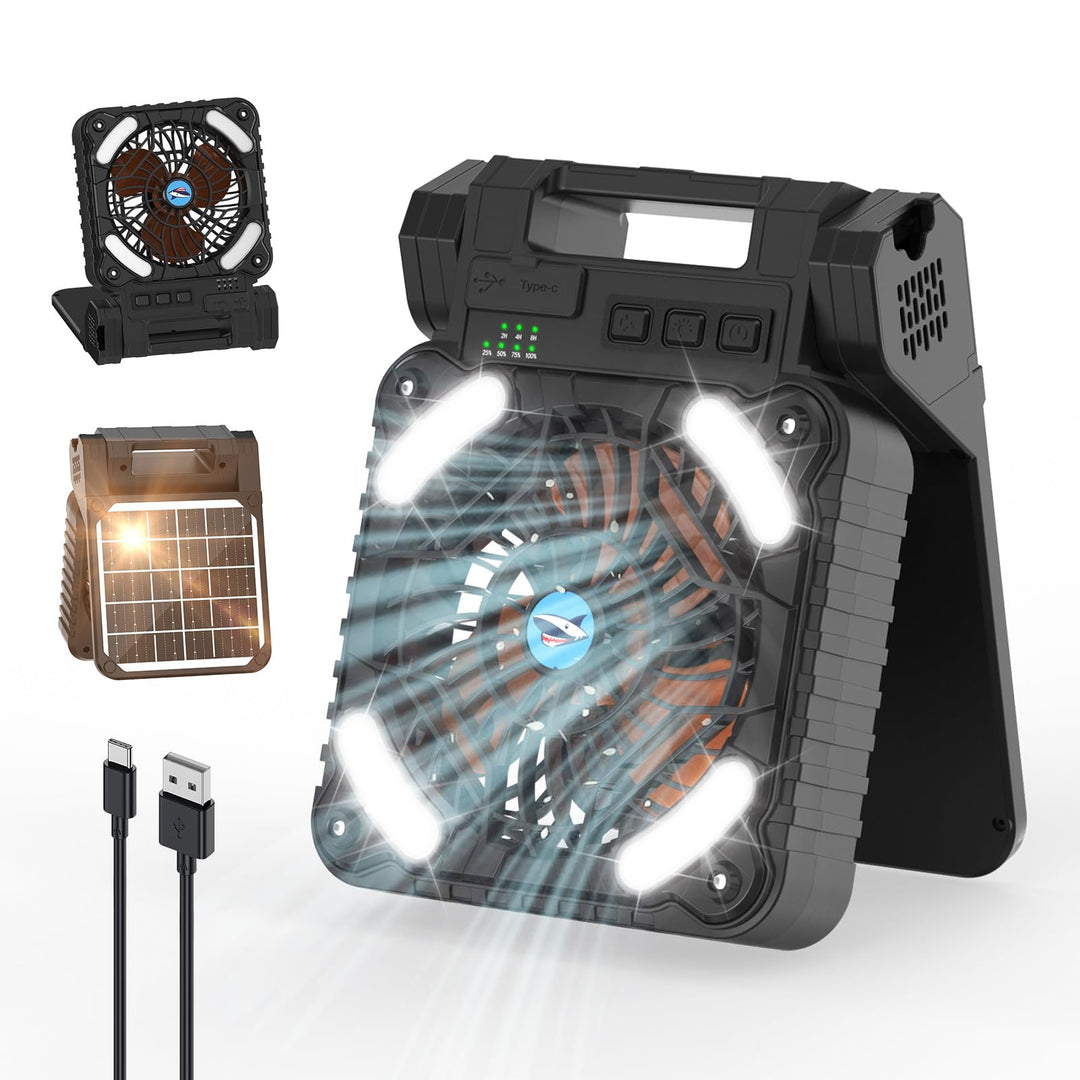 Smiling Shark Camping Ventilator LED, 6000mAh USB Aufladbar Tragbar Zelt Ventilator light 4 Speeds &