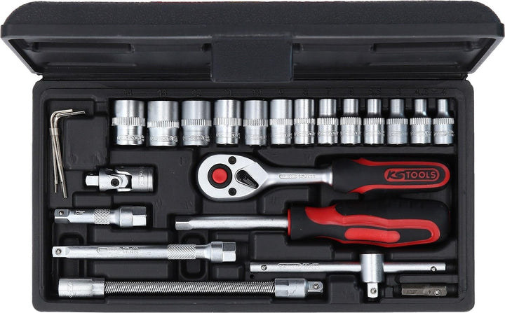 KS Tools 911.0625 1/4 Zoll Steckschlüssel-Satz | inklusive Umschaltknarre, 45-Zahn | matt satiniert