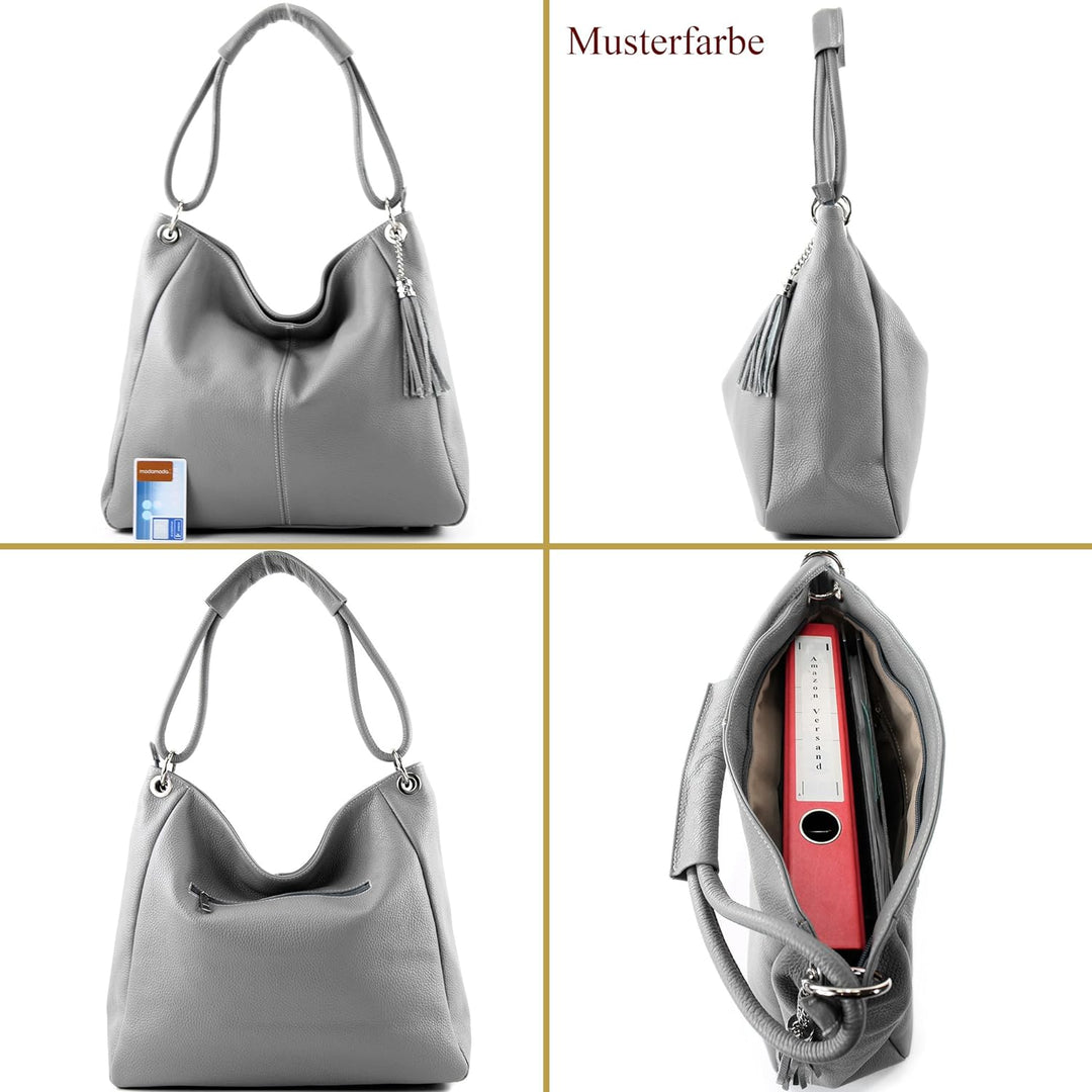 modamoda de - T165 - ital Schultertasche Gross Shopper Leder Graugrün, Graugrün