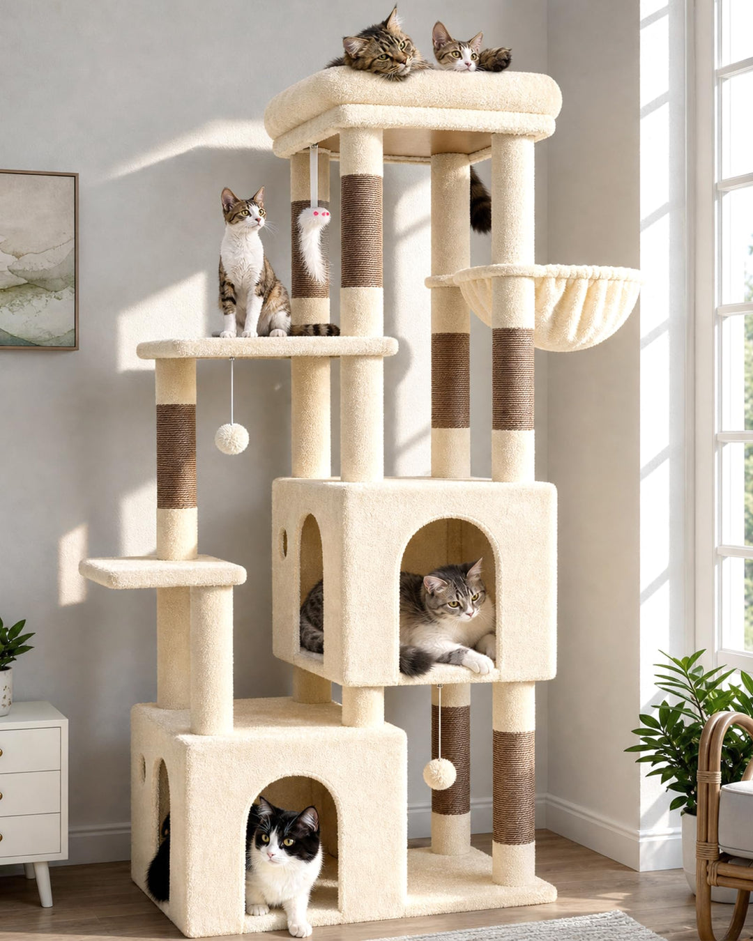 Globlazer Kratzbaum Beige für 3-5 Grosse Katzen 156 cm mit 2 Extragross Katzenhaus 45*40*35CM, Gross