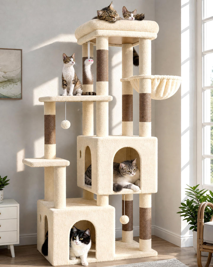 Globlazer Kratzbaum Beige für 3-5 Grosse Katzen 156 cm mit 2 Extragross Katzenhaus 45*40*35CM, Gross