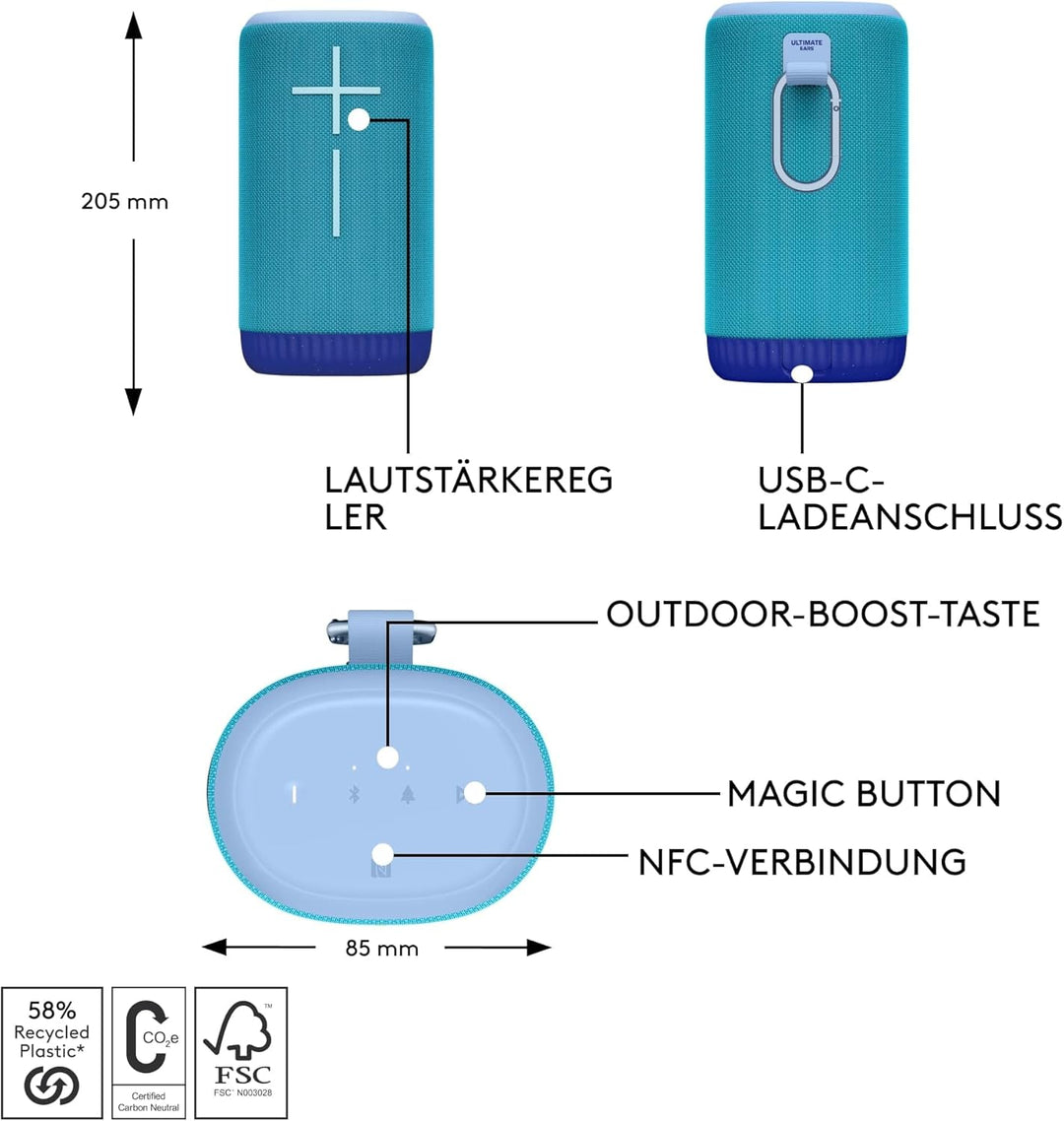 Ultimate Ears EVERBOOM kabelloser mobiler Bluetooth-Lautsprecher, satte Bässe, immersiver 360-Grad-S