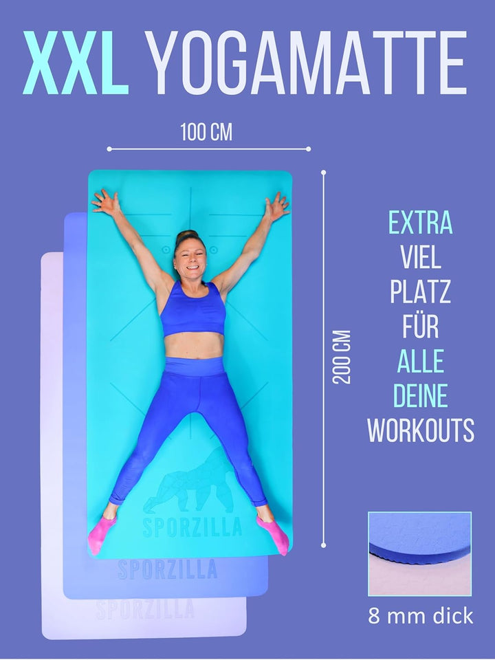 Yoga Matte XXL 200 x 100 cm – 8 mm dick - rutschfest und schadstofffrei – mit Hilfslinien und Traget