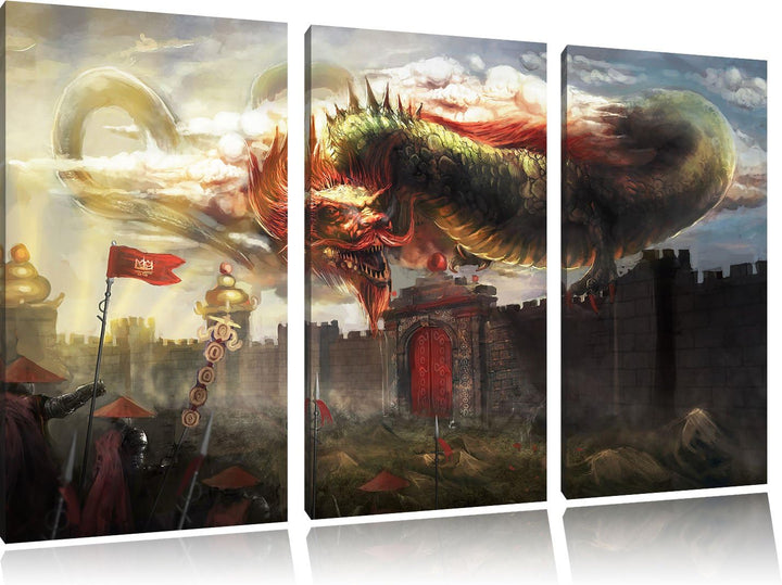 Pixxprint Drache über der Festung als Leinwandbild | Grösse: 3 Teilig (120x80) | Wandbild| Kunstdruc