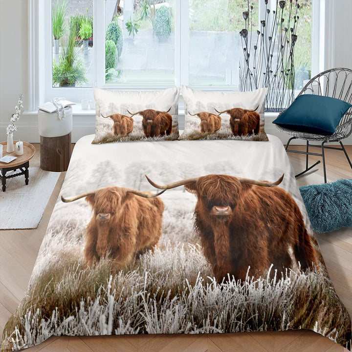Hochlandkuh Bettbezug 200X200 Braun Longhorn Rinder Bettwäsche Set Für Kinder Jungen Teens Mann Wald