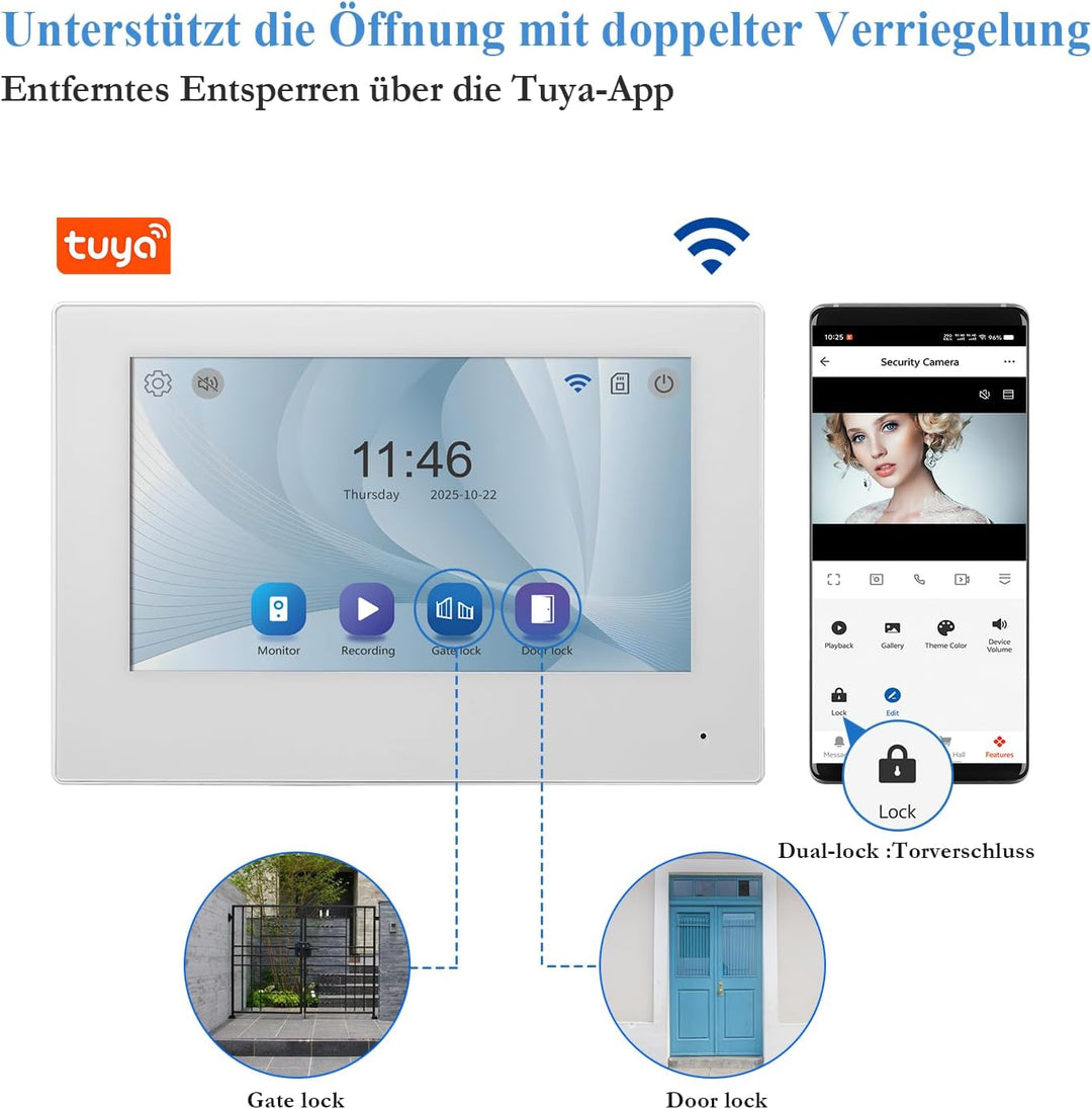 7“ kabelgebundenes Video-Türklingelsystem, 2MP Kamera, IP65 Wasserdicht, Nachtsicht, Tuya App Steuer