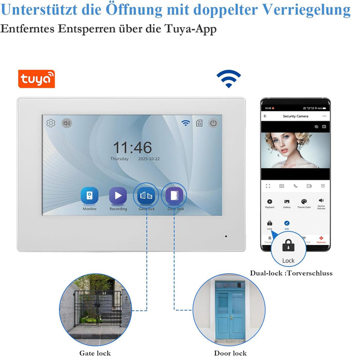 7“ kabelgebundenes Video-Türklingelsystem, 2MP Kamera, IP65 Wasserdicht, Nachtsicht, Tuya App Steuer