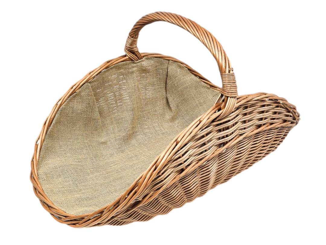 Kaminholzkorb aus Rindenweide mit Jutefutter (72 × 42 × 25/39 cm) – Handgeflochtener Weidenkorb zum
