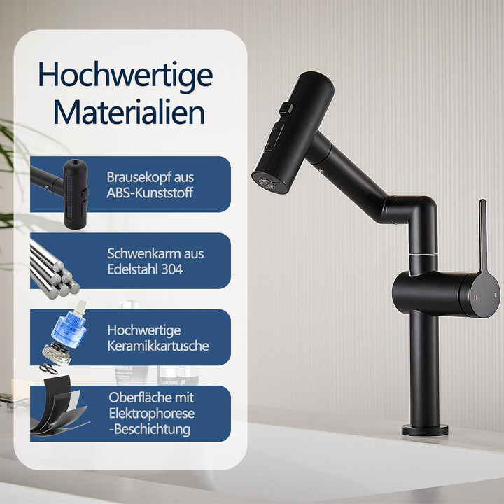 Waschtischarmatur Schwarz, 360° Drehbar mit 4 Wassermodi, Wasserhahn Bad aus 304 Edelstahl, Schwenka