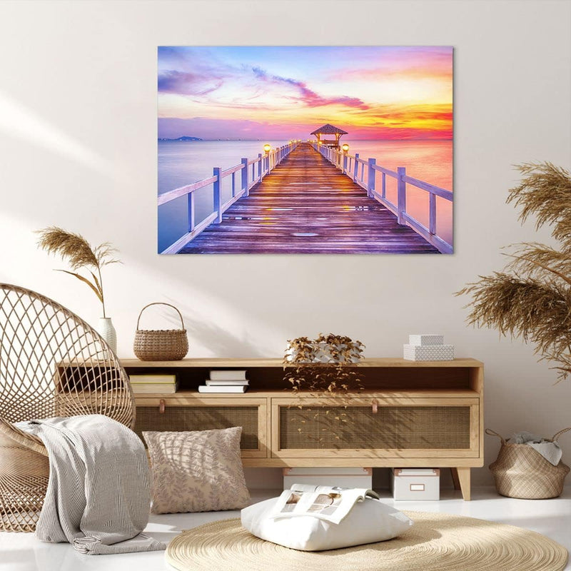 Bilder auf Leinwand 100x70cm Leinwandbild Sonnenuntergang Wasser Brücke Horizont Gross Wanddeko Bild