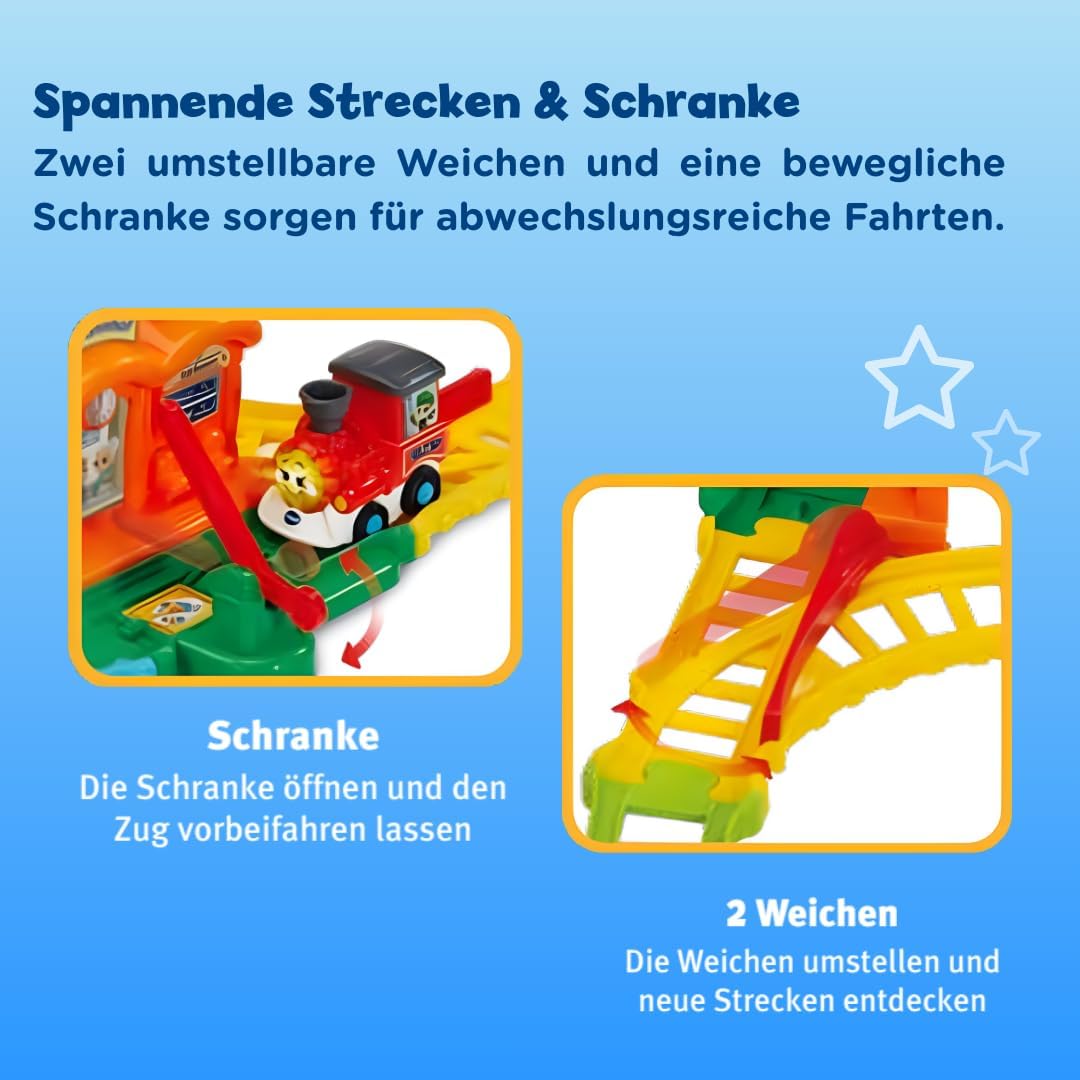 VTech TUT TUT Baby Flitzer Kleiner Bahnhof – Interaktives Spielset mit Zug, Schranke, Weichen & Magi