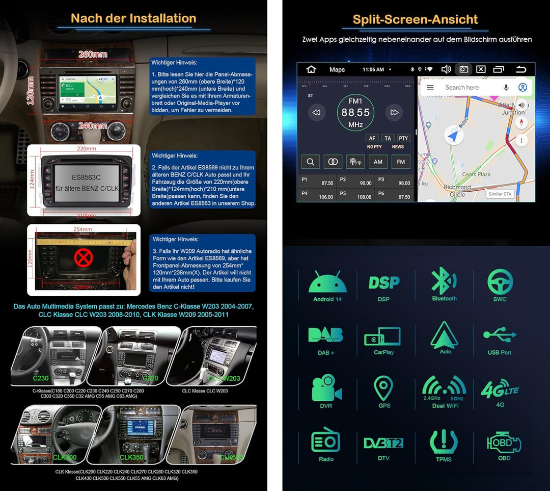 Acht-Kern Android 14 GPS DAB+ Autoradio Für Mercedes-Benz C/CLC/G Klasse W203 W463 Navi CarPlay Andr