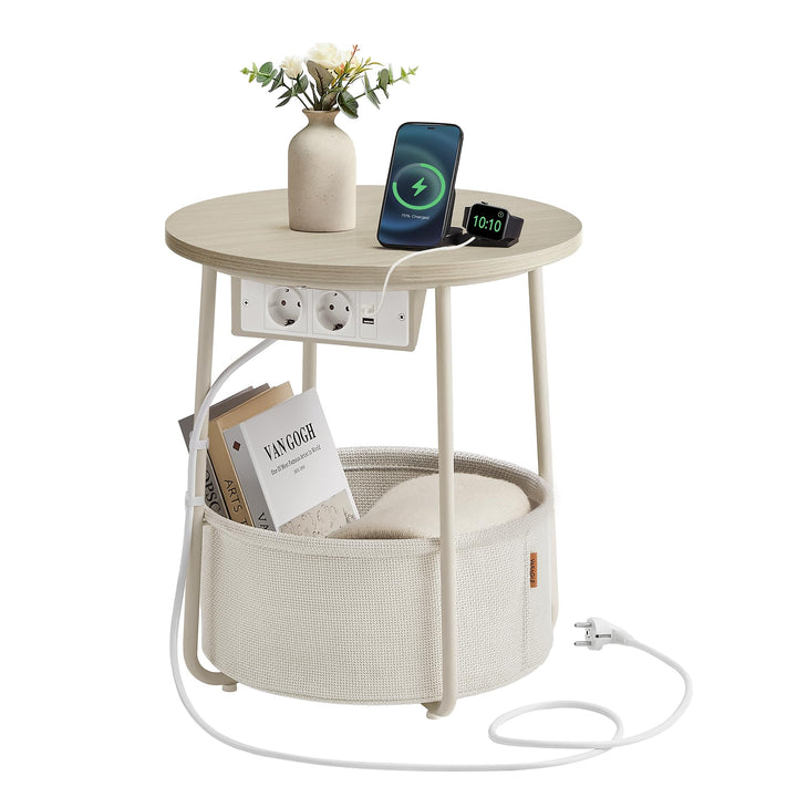 VASAGLE Beistelltisch rund, Kleiner Tisch, Couchtisch mit Steckdose, Wohnzimmertisch, Korb aus Stoff