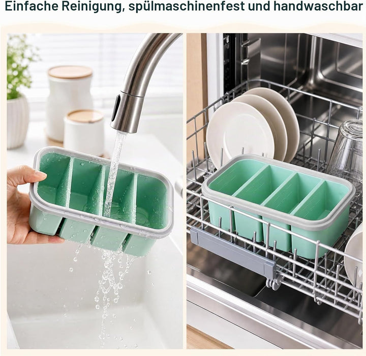 2 Stück Suppen Einfrieren Behälter, 4 Fach Silikon Gefrierform mit Deckel &amp; Clipverschluss, Eiswürfe