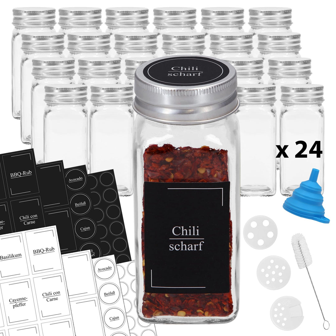 VonBueren Gewürzgläser eckig | Set mit 24 x 120 ml | Gewürzbehälter mit Streueinsatz | spice jars gl