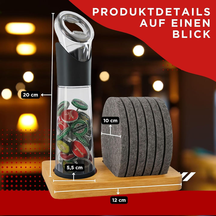 wortek Flaschenöffner mit Auffangbehälter + Filz Untersetzer Gläser Set mit Halterung Glas Untersetz