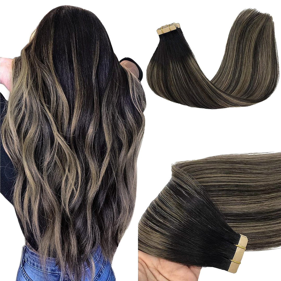 GOO GOO Tape in Extensions Echthaar, Balayage Naturschwarz Gemischt Hellblond 40cm 20pcs 50g, Haarve