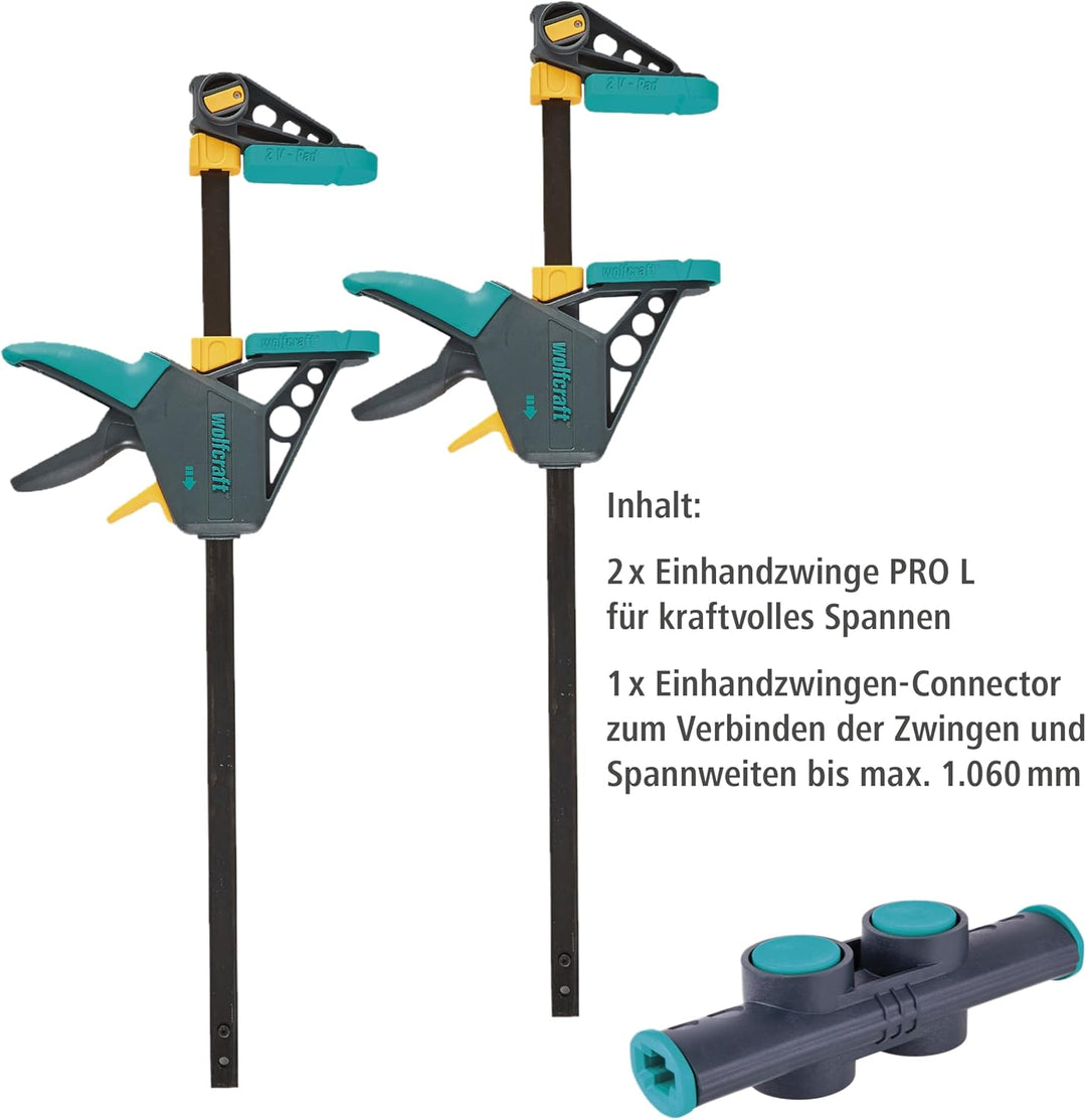 wolfcraft XL-Einhandzwingen-Set, 3-tlg. I 8624000 I Ermöglicht flexible Spannweiten von bis zu 1060