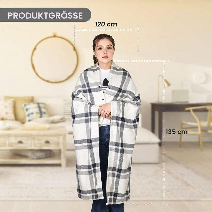 SIVENKE Tragbare Decke Kompaktes Kissen 2-in-1-Schossdecke Damen Poncho Fleece mit Knopf Karierte Ta