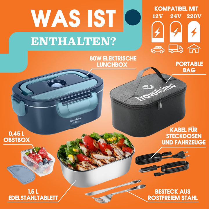TRAVELISIMO Elektrische Lunchbox 80W Warmhaltebox, 1,5L Edelstahl Wärmebox für Essen 3-in-1 12V/24V/