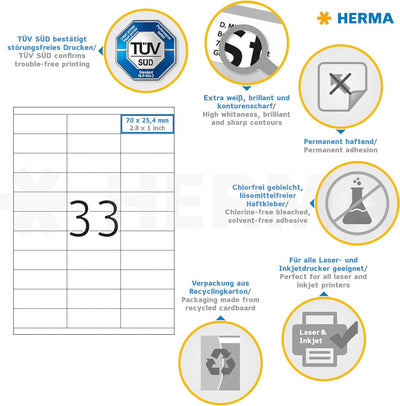 HERMA 4455 Universal Etiketten, 100 Blatt, 70 x 25,4 mm, 33 Stück pro A4 Bogen, 3300 Aufkleber, selb