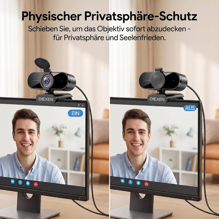 1080p Webcam mit Mikrofon &amp; Rauschunterdrückung, Full HD PC Kamera | Automatische Lichtkorrektur, 90