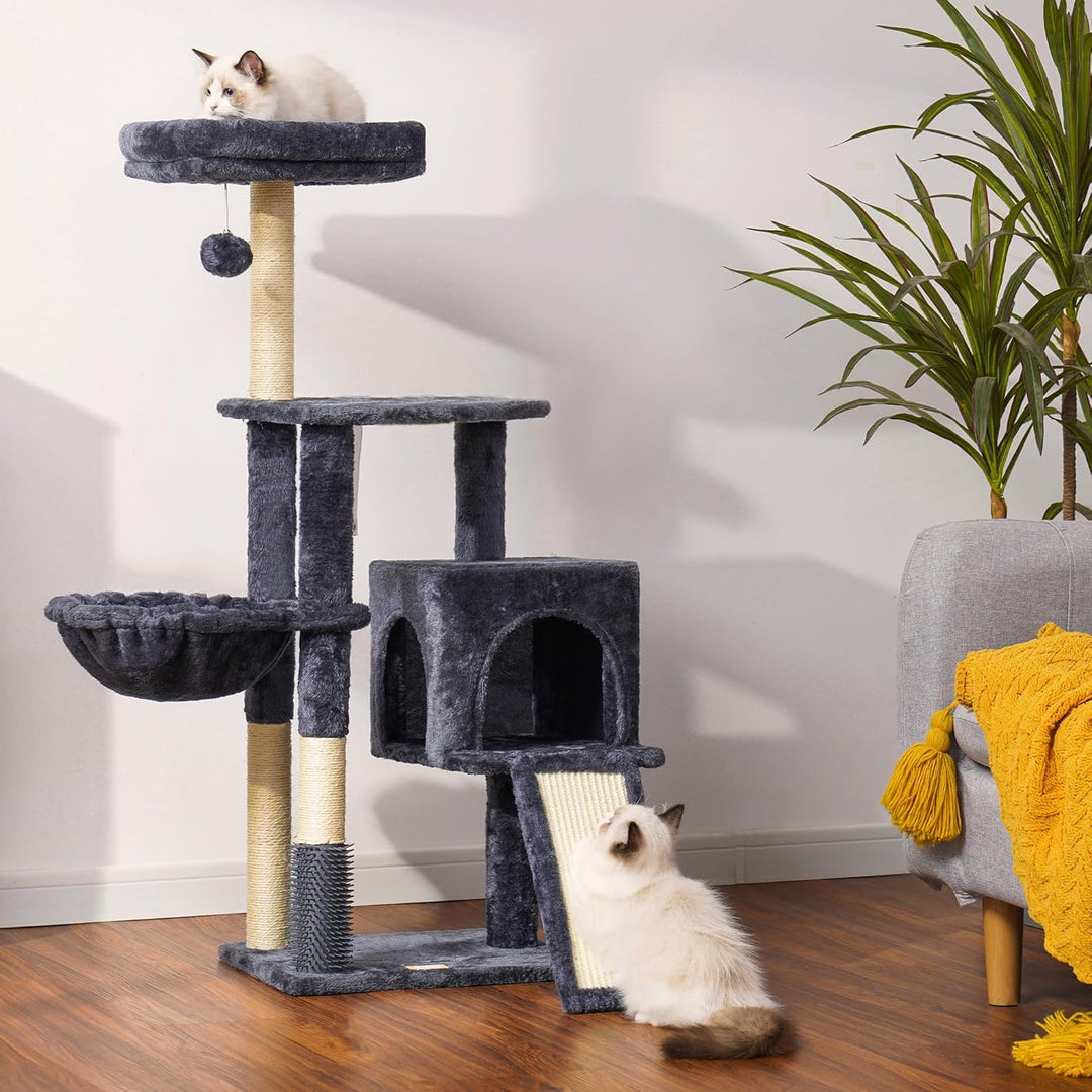 Heybly Kratzbaum mit Katzenbürste, Katzenbaum für Hauskatzen mit Gepolsterter Sitzstange aus Plüsch,
