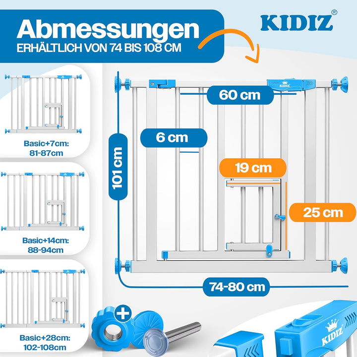 KIDIZ® Türschutzgitter Absperrgitter Treppengitter Kindergitter | mit Türe für Hunde und Katzen, Hau