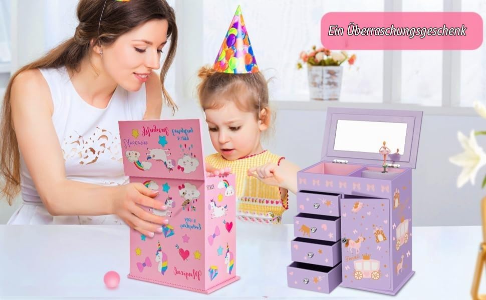 Schmuckkästchen für Mädchen mit 5 Schichten, Schwenktür, drehender Ballerina, Einhorn- und Schlossde