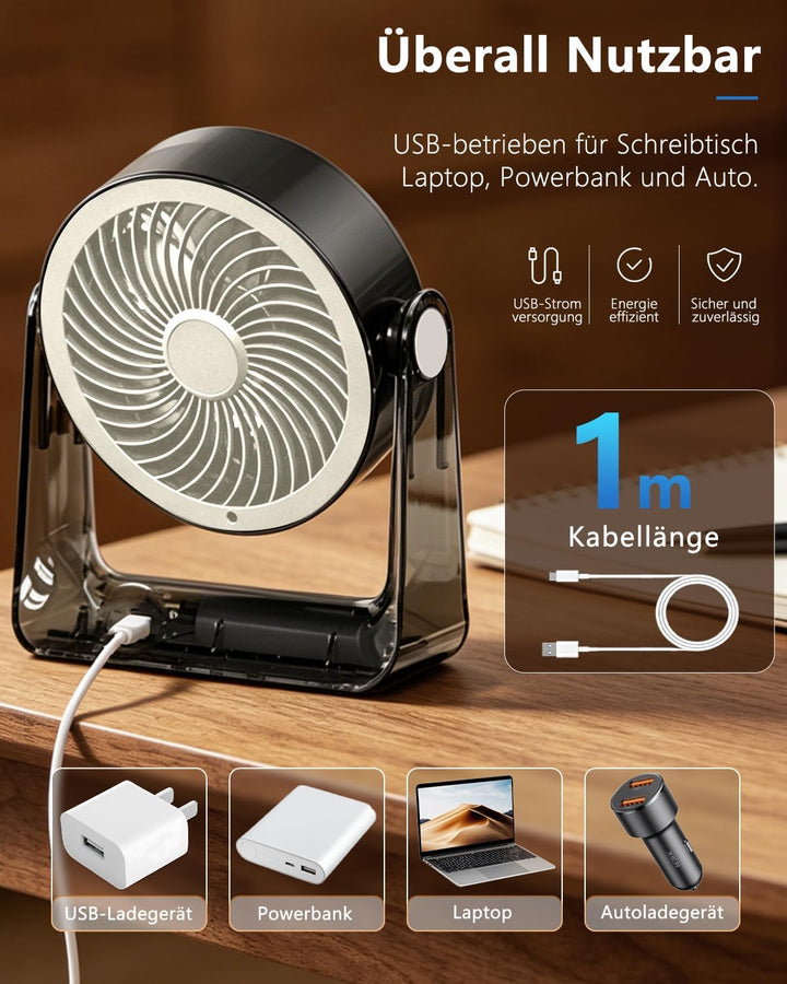 Tischventilator, USB Ventilator Akku, 6 Geschwindigkeiten Leise Ventilator mit LED Display, 360 ° Dr