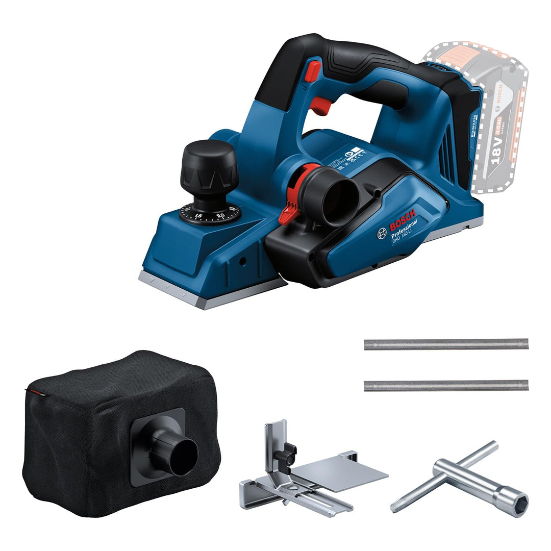 Bosch Professional System 18V: Akkuhobel GHO 185-LI (Montageschlüssel, Führungshalter, Staubbeutel)