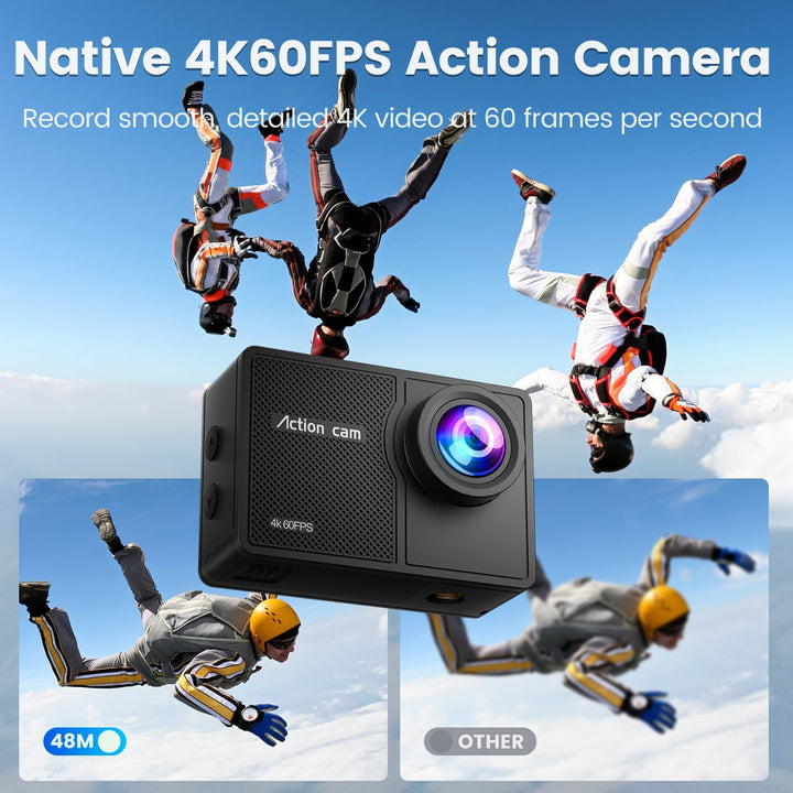 Touchscreen 4K60FPS Action Cam, Unterwasserkamera mit 64G SD Karte 48MP HD WiFi Kamera mit EIS 40M W