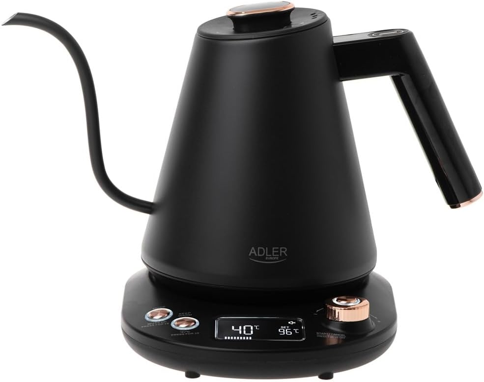 ADLER EUROPE AD 1349 Wasserkocher 1L – Schwarz-Gold, LED-Temperaturanzeige, 900W, Temperaturregulier