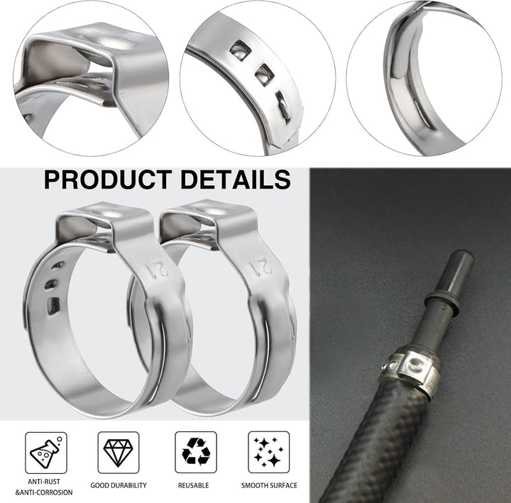 Knpwer 150 Stück 304 Edelstahl Einzelohr Stufenlos Schlauchschellen Set,6-33.1mm 12 Grössen Crimp Sc