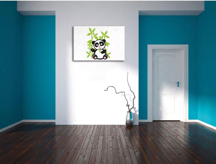 Pixxprint Süsser Panda mit Bambus als Leinwandbild/Grösse: 100x70 / Wandbild/Kunstdruck/fertig bespa