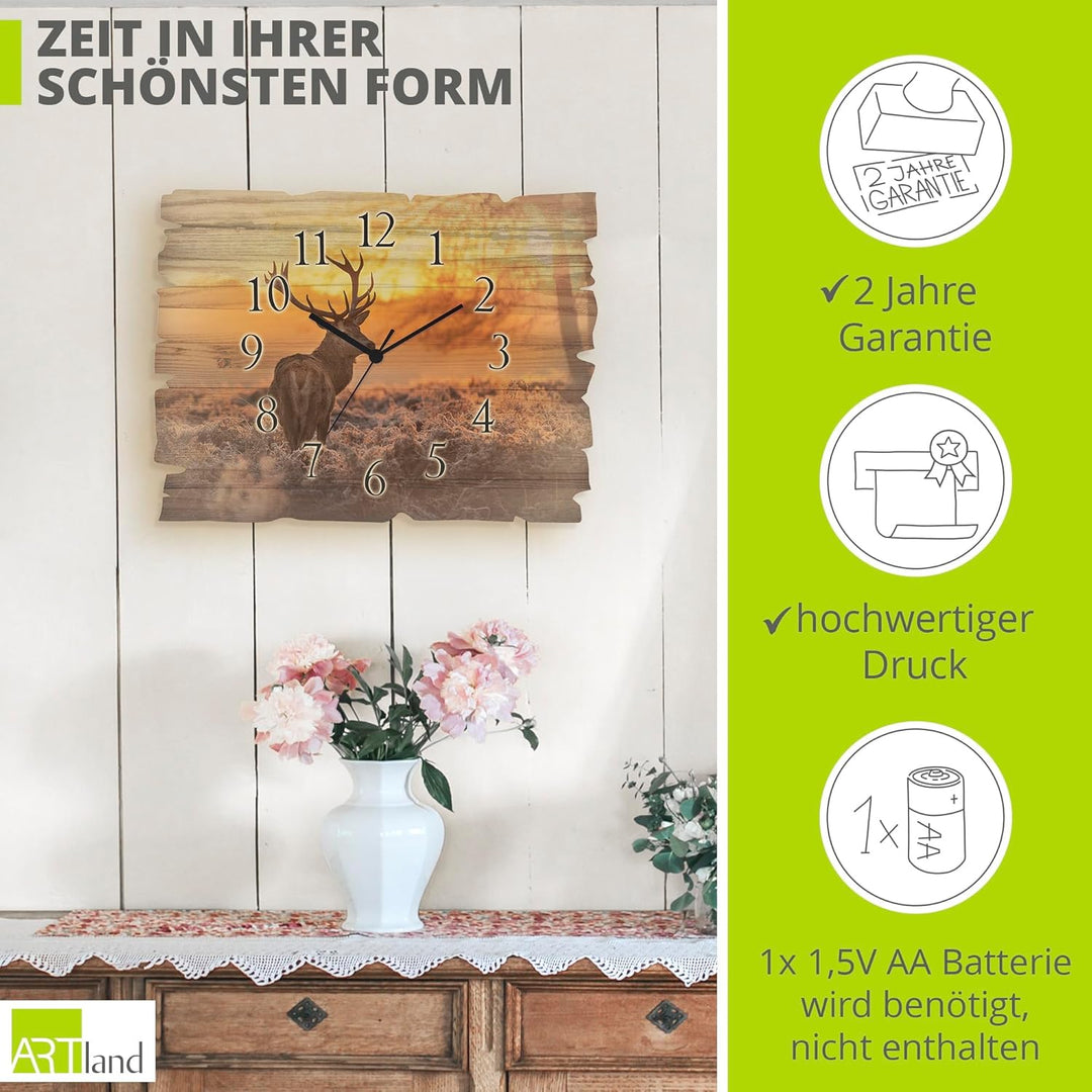 ARTLAND Wanduhr ohne Tickgeräusche aus Holz Quarz Uhr lautlos 40x30 cm Rechteckig Landschaft Hirsch