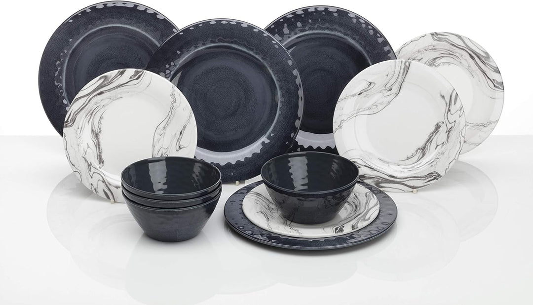 Flamefield Marble Melamin Geschirr-Set 12-TLG. Campinggeschirr Geschirr Essen Essgeschirr 4 Personen