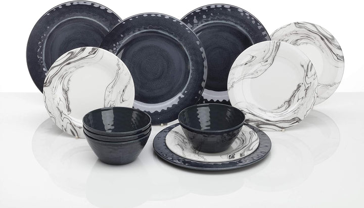 Flamefield Marble Melamin Geschirr-Set 12-TLG. Campinggeschirr Geschirr Essen Essgeschirr 4 Personen